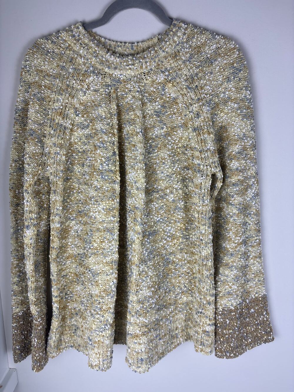 J Jill Pure Jill XL Tall Boucle Cable Knit Sweater Yellow Gray Cotton Blend